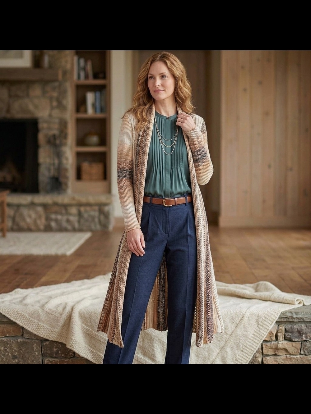 Long Open-Front Ombre Cardigan Sweater in Beige Multi.      S 13